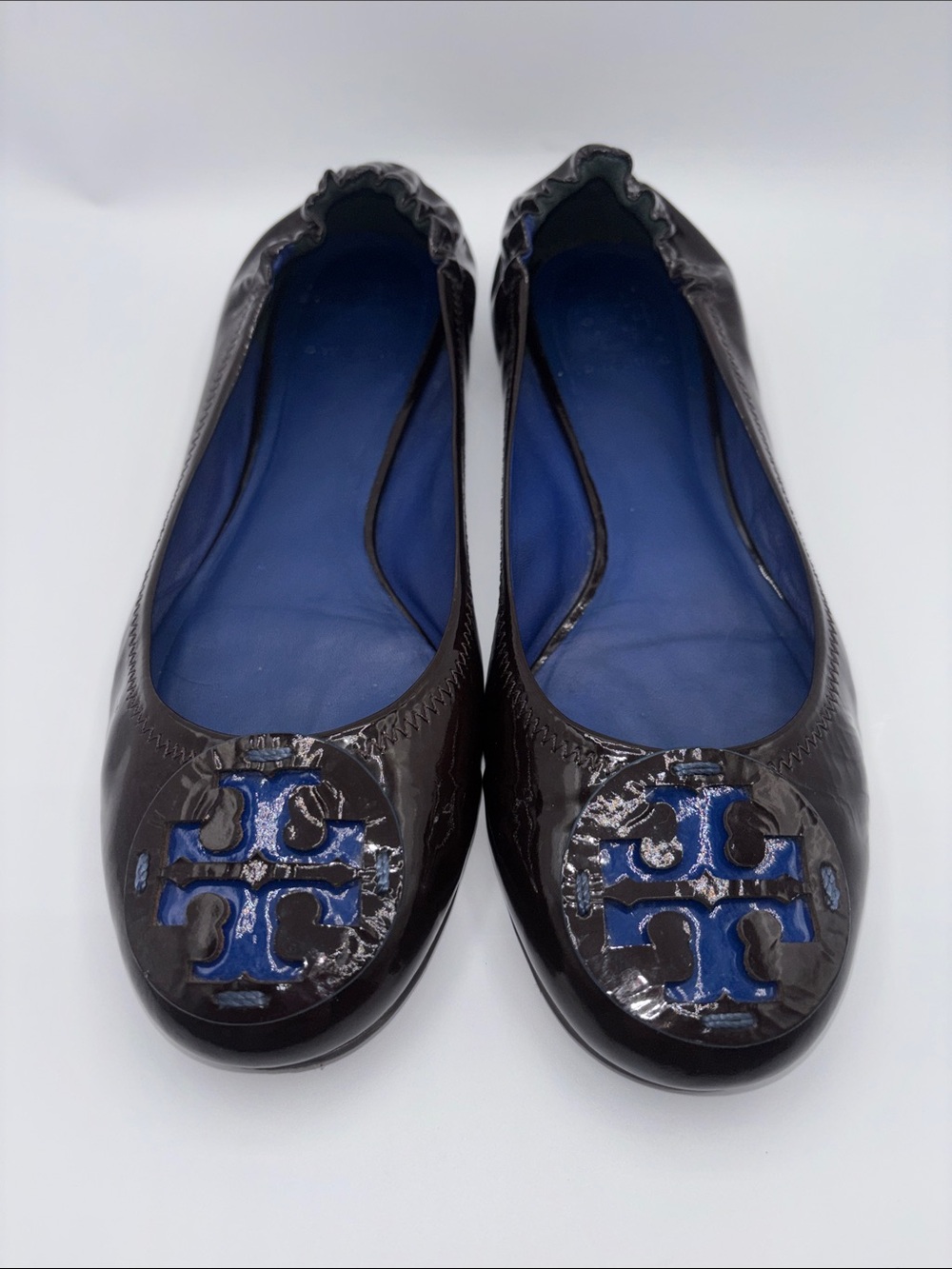 Tory Burch Brown Patent Ballet Flats with Blue Logo